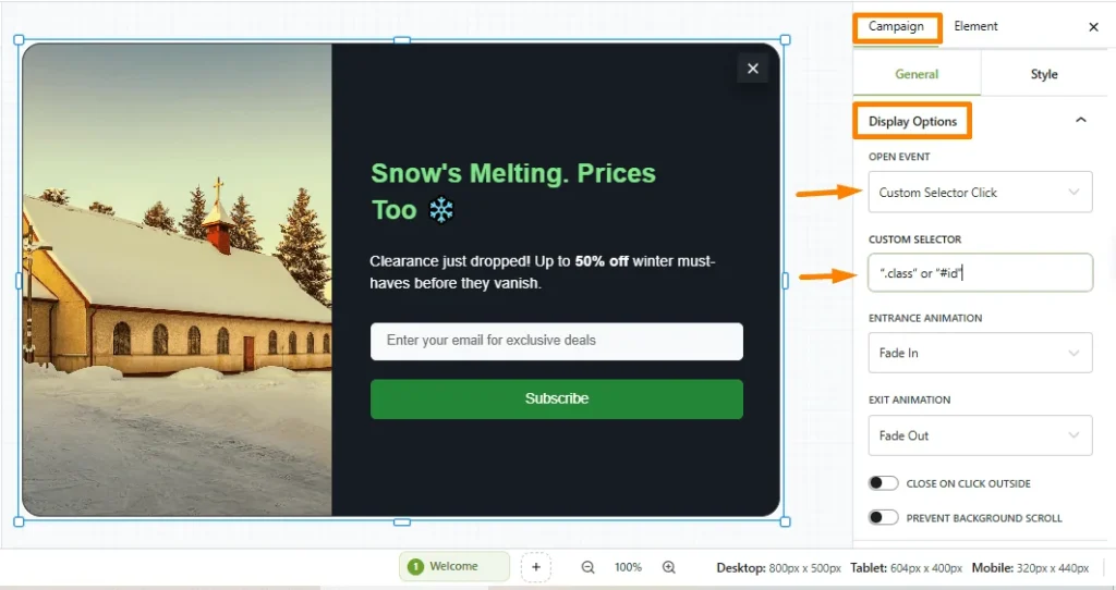 How to Show Custom Selector Click Popup